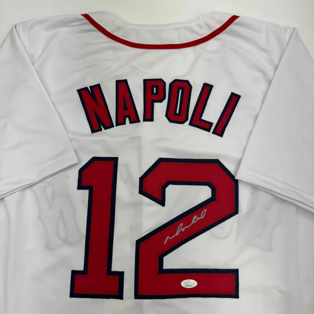 Autographed Mike Napoli Boston Red Sox White Baseball Jersey JSA COA | Certified Authentic Signed Memorabilia | vintageantiquesgifts.com