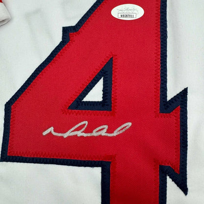 Autographed Mike Napoli custom jersey with red number four, navy trim, white signature on Los Angeles Angels white baseball uniform, JSA COA