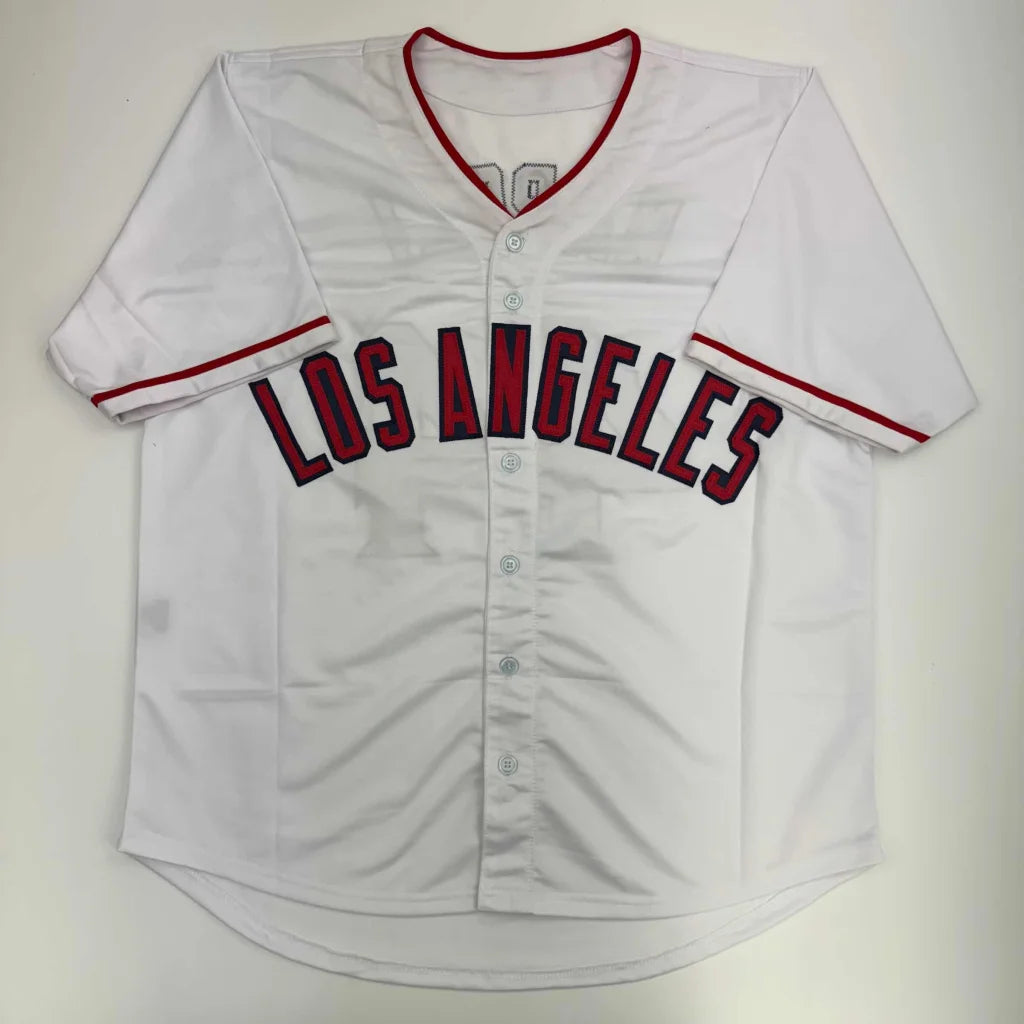 Autographed Mike Napoli Los Angeles white baseball jersey with red trim