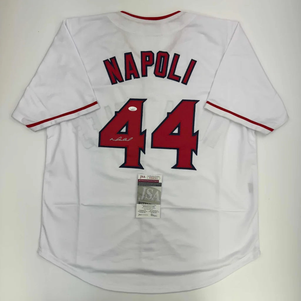 Autographed Mike Napoli custom white jersey with red Napoli 44, JSA COA