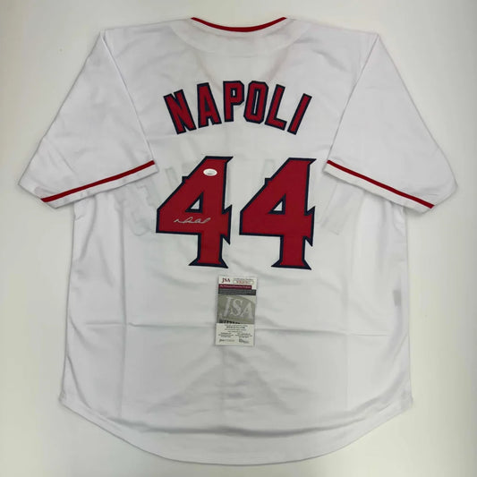 Autographed Mike Napoli custom white jersey with red Napoli 44, JSA COA