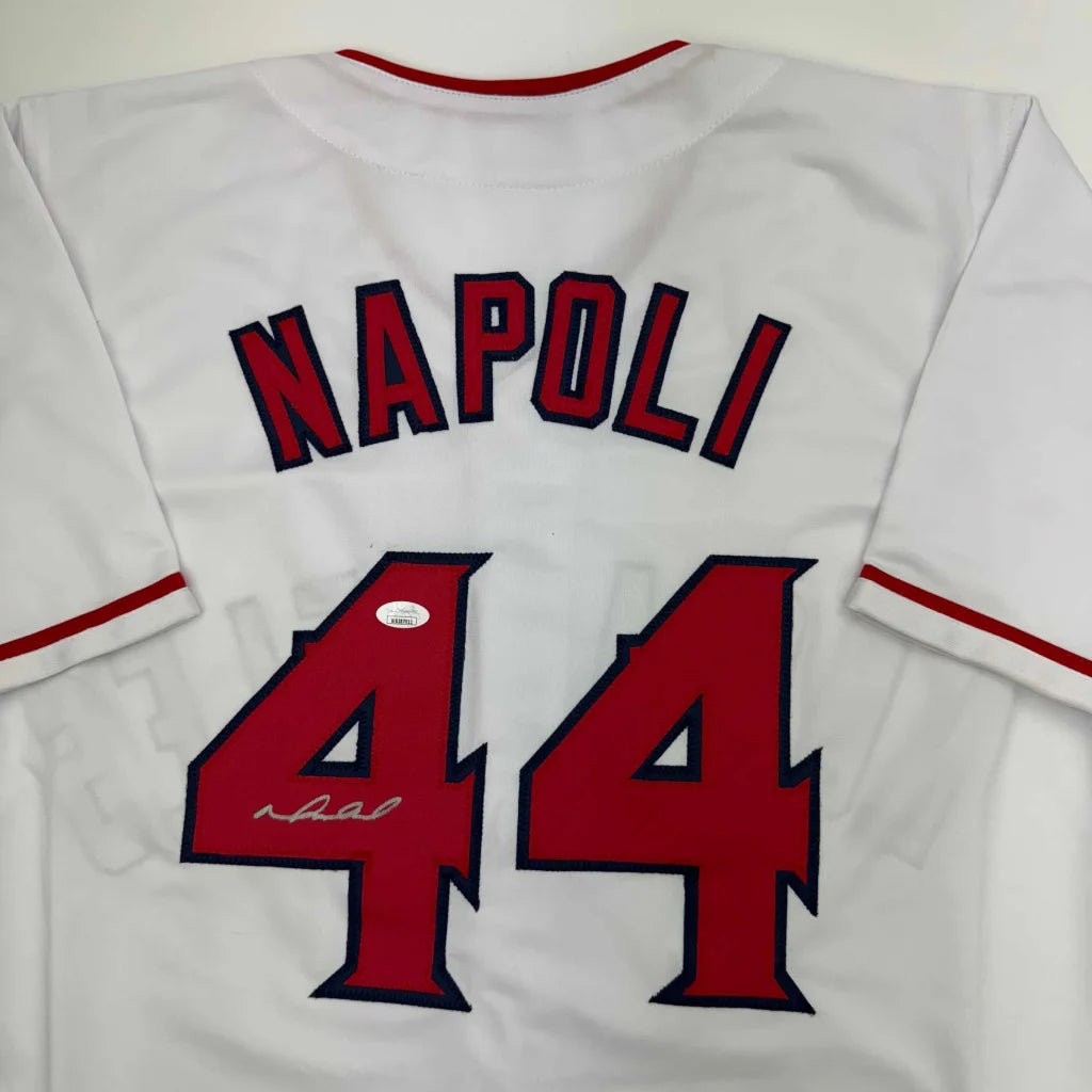 Autographed Mike Napoli custom jersey, white with red black Napoli 44, JSA COA