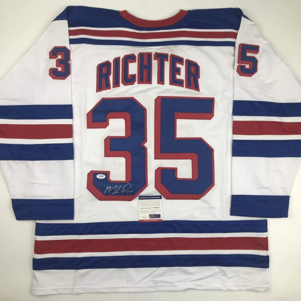 Custom Mike Richter jersey with 35, PSA DNA authenticated, blue stripes, red accents