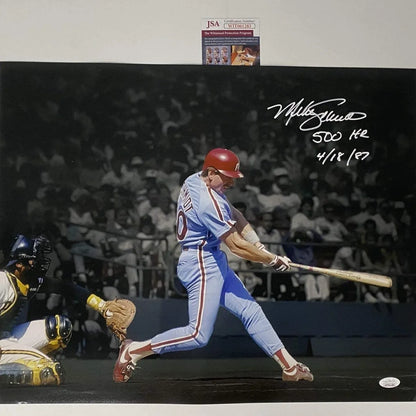 Autographed Mike Schmidt 500th HR Inscribed Philadelphia Phillies 16x20 Baseball Photo JSA COA | Hall of Fame Sports Memorabilia | vintageantiquesgifts.com