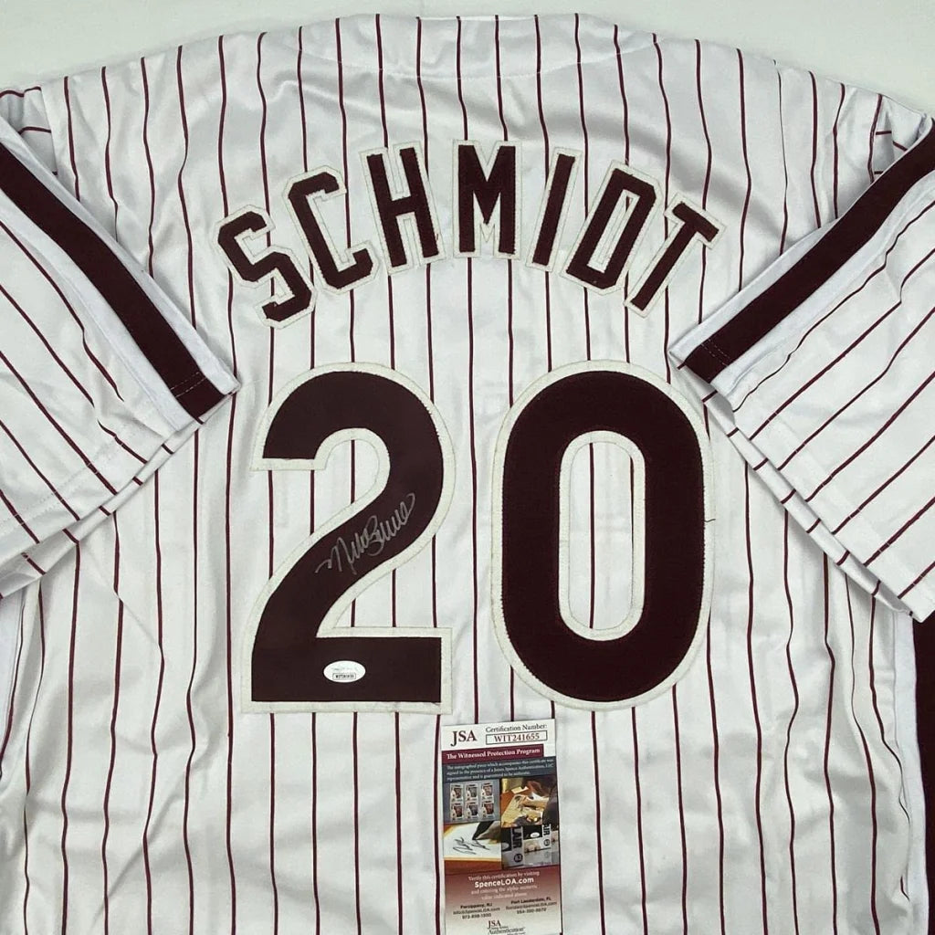 Autographed Mike Schmidt Philadelphia Pinstripe Baseball Jersey JSA COA | Certified Authentic Signed Memorabilia | vintageantiquesgifts.com