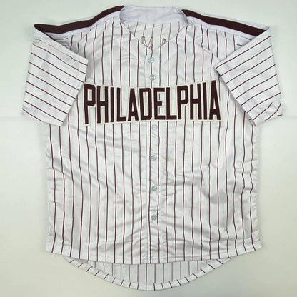 White pinstriped custom jersey with PHILADELPHIA for professional sports league fans