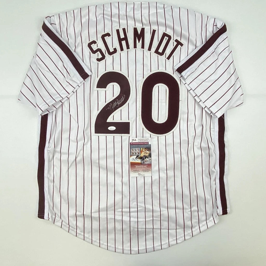 White pinstriped custom jersey with Schmidt 20 autographed, PSA sticker, for professional sports fans