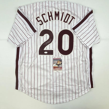 White pinstriped custom jersey with Schmidt 20 autographed, PSA sticker, for professional sports fans