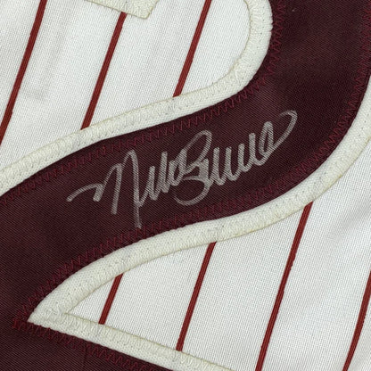 Autographed professional sports league custom jersey with pinstripes and maroon number