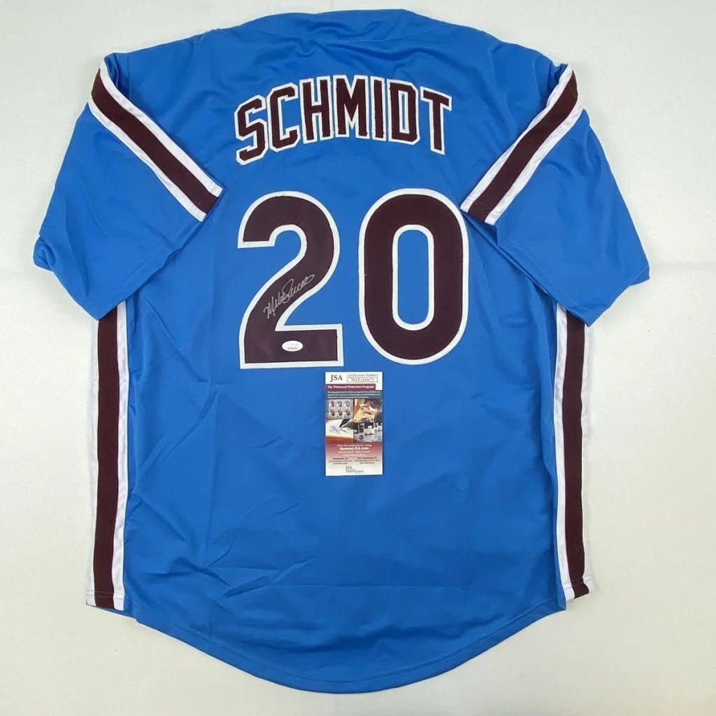 Autographed Mike Schmidt Philadelphia Retro Blue Baseball Jersey JSA COA | Hall of Fame Sports Memorabilia | vintageantiquesgifts.com