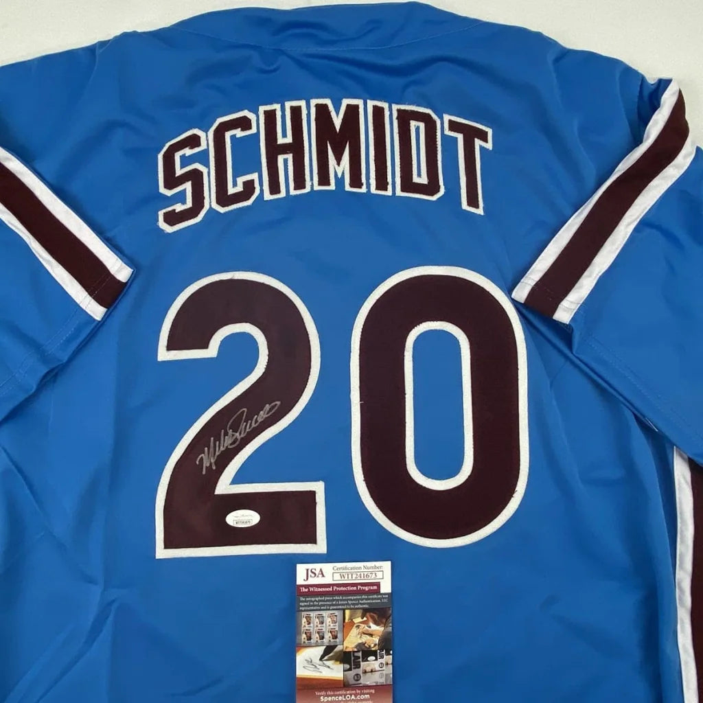 Autographed Mike Schmidt Philadelphia Retro Blue Baseball Jersey JSA COA | Certified Authentic Signed Memorabilia | vintageantiquesgifts.com