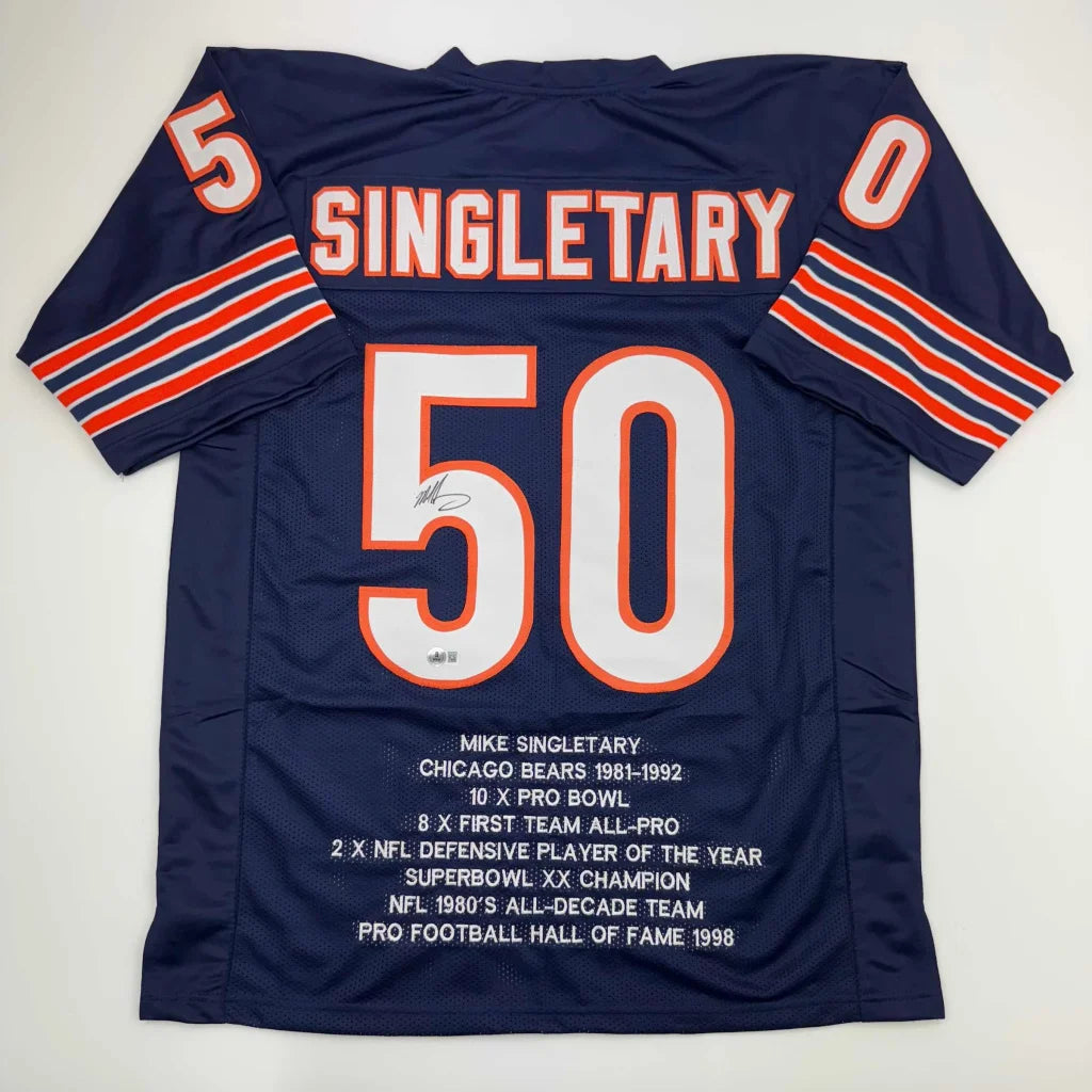 Signed Mike Singletary Chicago Bears #50 jersey from custom jersey collection in professional sports league
