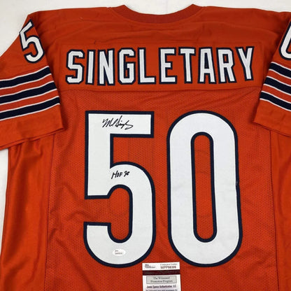 Orange professional sports custom jersey with Singletary 50 autograph HOF 98 inscription