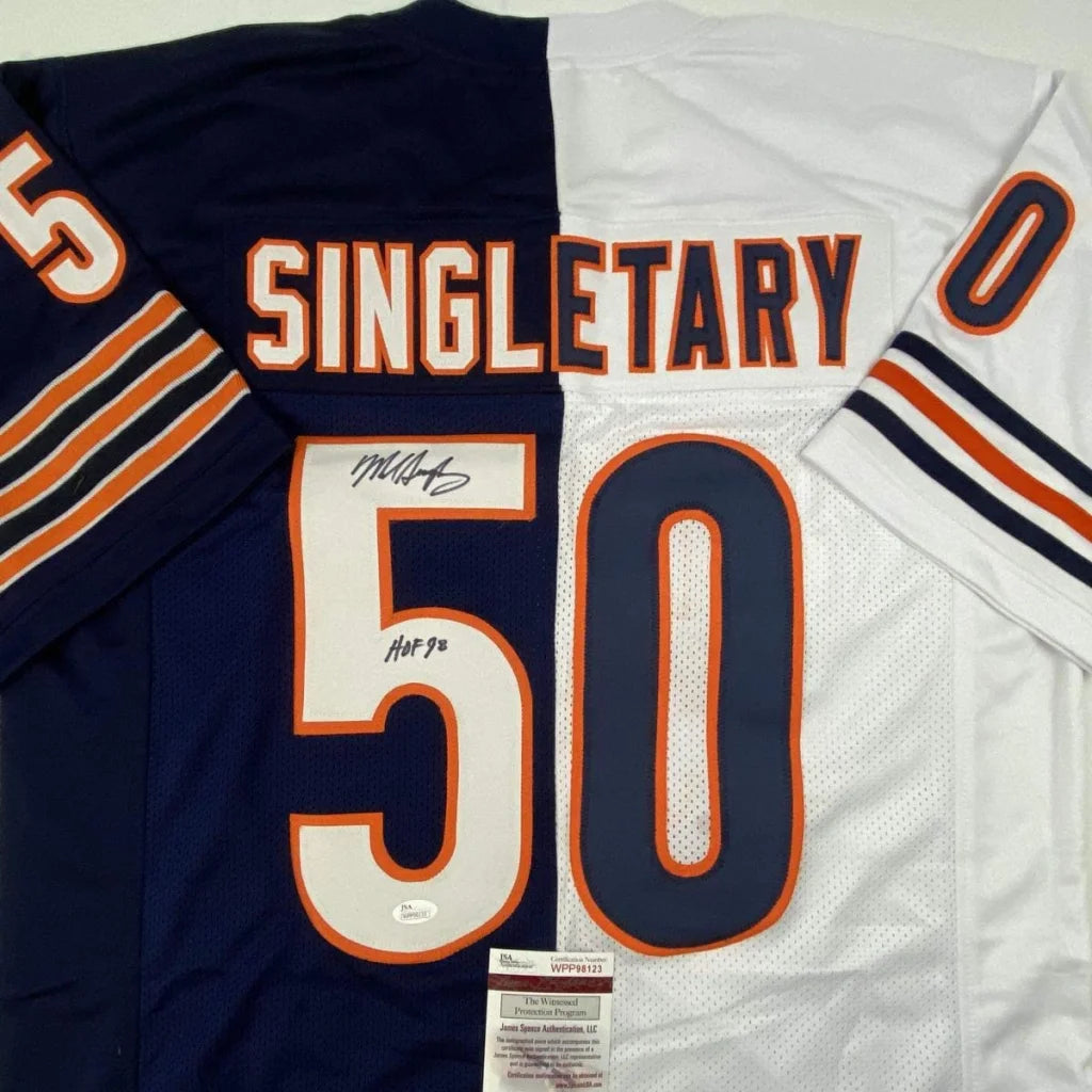 Back of a navy and white chicago bears custom jersey with orange trim featuring singletary 50 from professional sports league