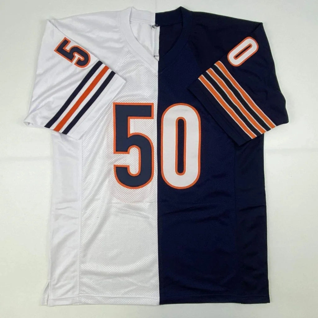 Autographed Mike Singletary hof 98 chicago bears custom jersey with white and navy blue split design and orange trim