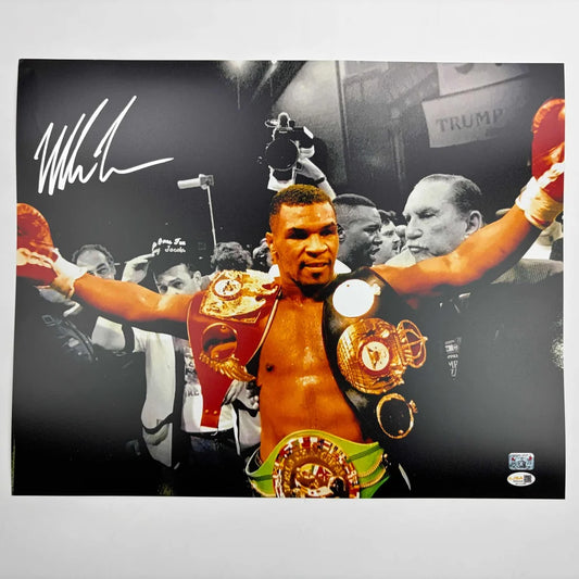 Autographed Mike Tyson Belts Boxing 16x20 Photo JSA COA | Hall of Fame Sports Memorabilia | vintageantiquesgifts.com