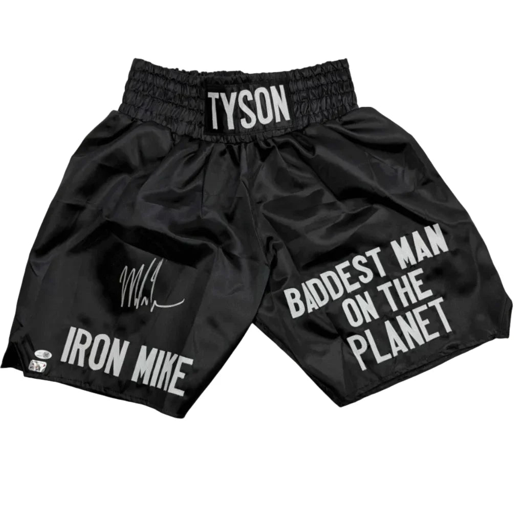Autographed Mike Tyson Iron Mike Baddest Man on the Planet Black Boxing Trunks JSA COA | Hall of Fame Sports Memorabilia | vintageantiquesgifts.com