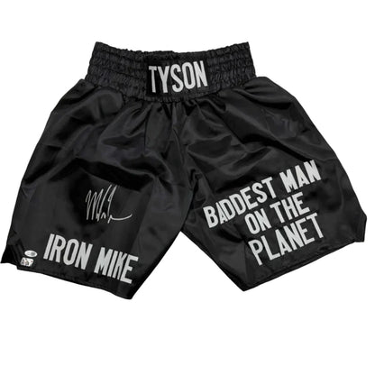 Autographed Mike Tyson Iron Mike Baddest Man on the Planet Black Boxing Trunks JSA COA | Hall of Fame Sports Memorabilia | vintageantiquesgifts.com