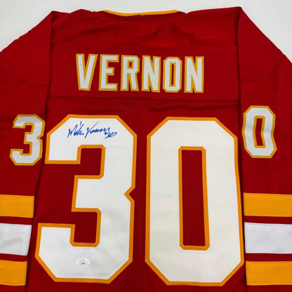 Autographed Mike Vernon Calgary Red Hockey Jersey JSA COA | Certified Authentic Signed Memorabilia | vintageantiquesgifts.com