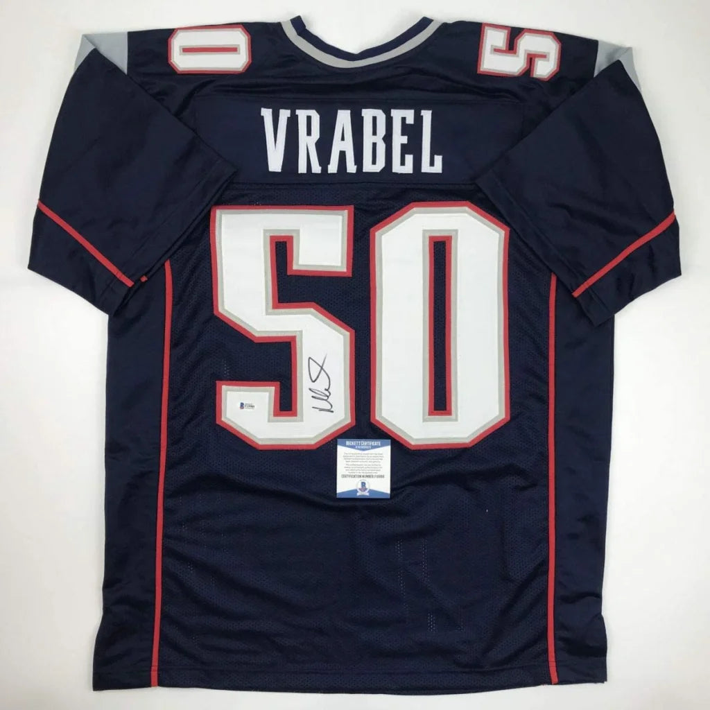 Navy blue new england patriots custom jersey featuring vrabel 50 in white and red trim signed for professional sports league