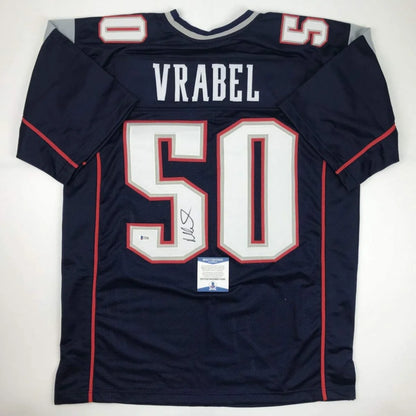 Navy blue new england patriots custom jersey featuring vrabel 50 in white and red trim signed for professional sports league
