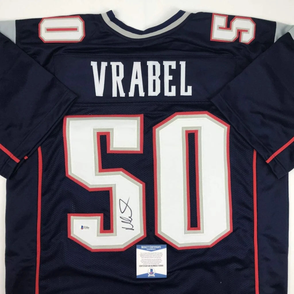 Navy blue autographed Mike Vrabel New England Patriots custom jersey with white and red lettering number 50 from professional sports league
