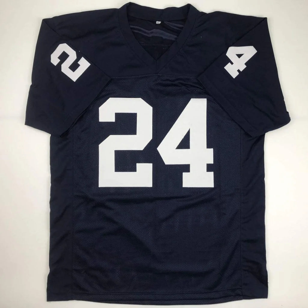Navy blue custom football jersey with white number 24 signed by miles sanders from a professional sports league