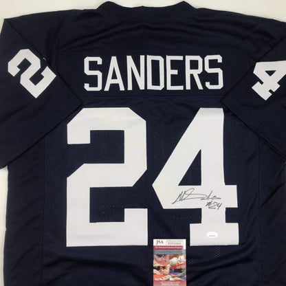 Back of navy blue custom miles sanders penn state football jersey with white number 24 and autographed signature