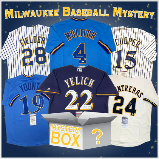 Milwaukee baseball jersey mystery box with six signed jerseys and sports memorabilia