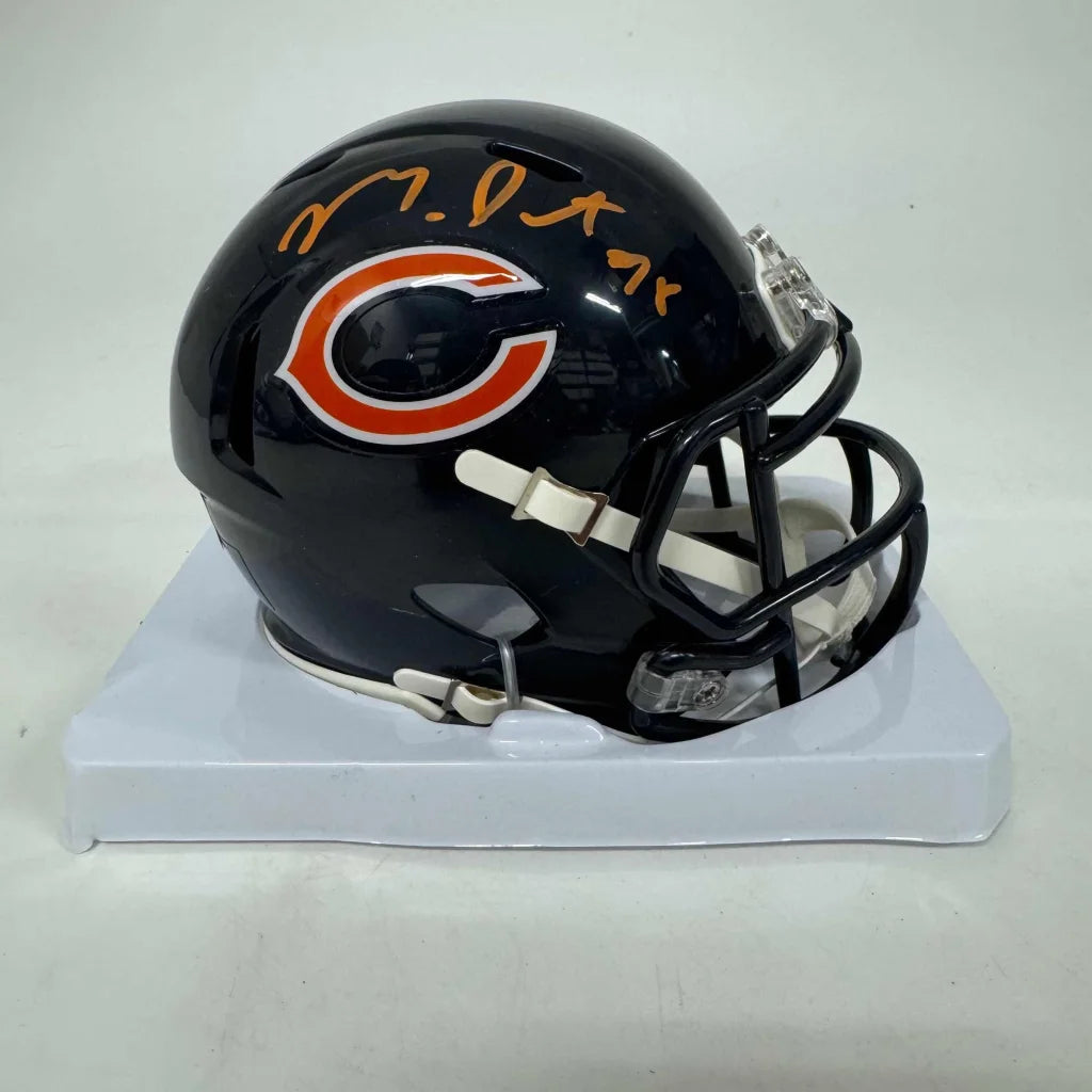 Dark blue Chicago Bears mini football helmet with orange C logo and third party authentication