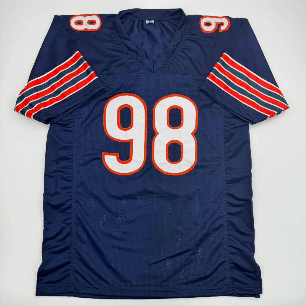 Navy blue custom jersey with white and orange 98, striped sleeves, pro sports league collectible