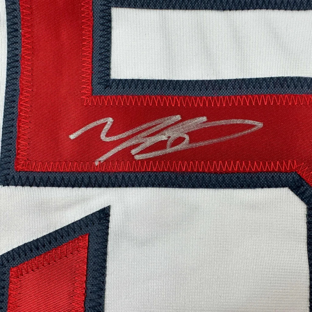 White custom jersey with red and dark blue trim and silver autograph for professional sports fans