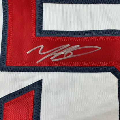 White custom jersey with red and dark blue trim and silver autograph for professional sports fans