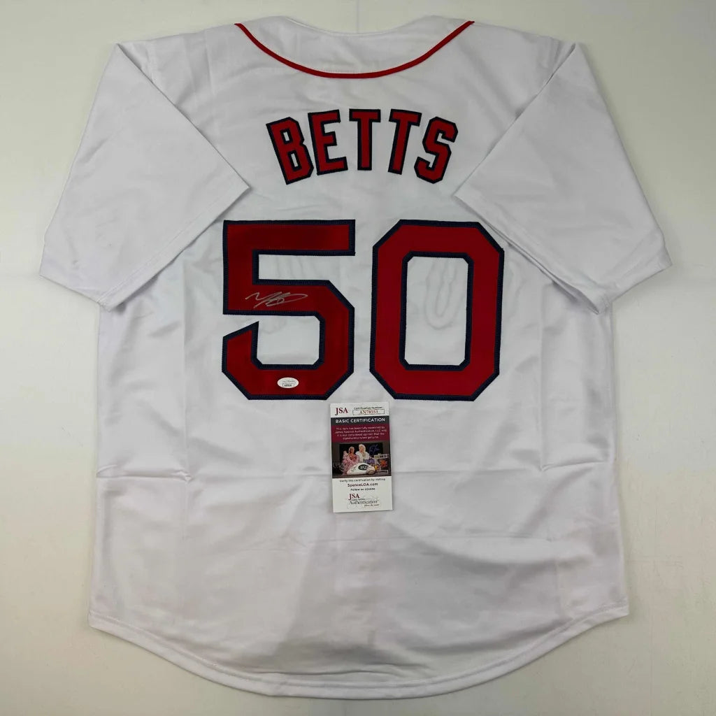 Signed Mookie Betts white custom jersey with red Betts 50, JSA COA