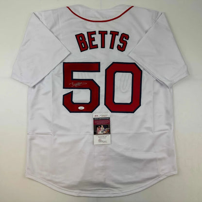 Signed Mookie Betts white custom jersey with red Betts 50, JSA COA