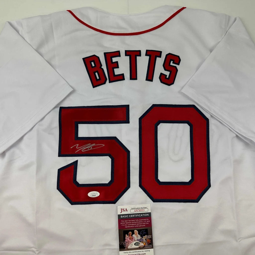 Signed Mookie Betts white custom jersey with red black lettering, number 50, JSA COA