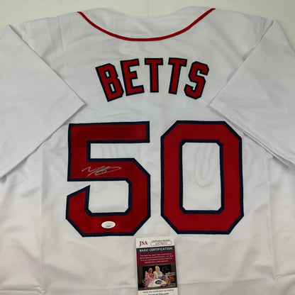 Signed Mookie Betts white custom jersey with red black lettering, number 50, JSA COA