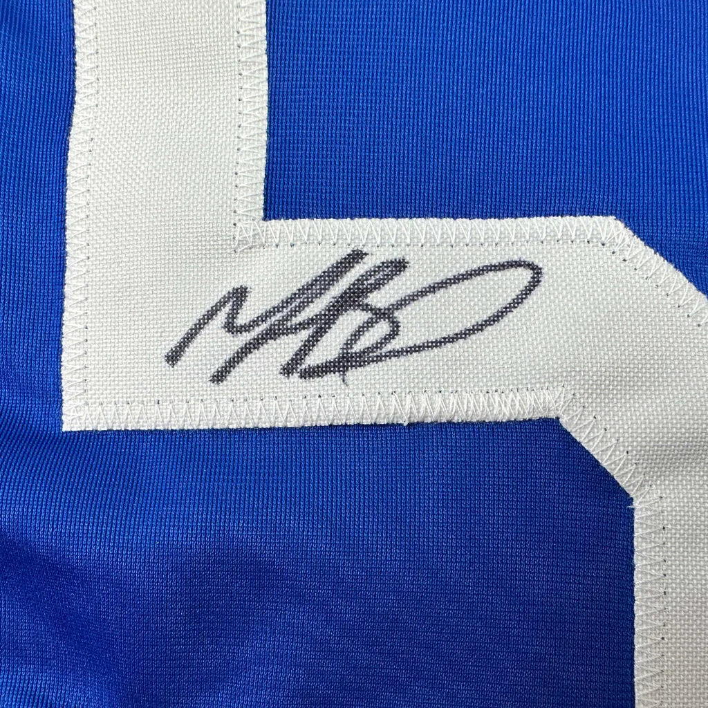 Mookie Betts autographed custom jersey on blue professional sports fabric