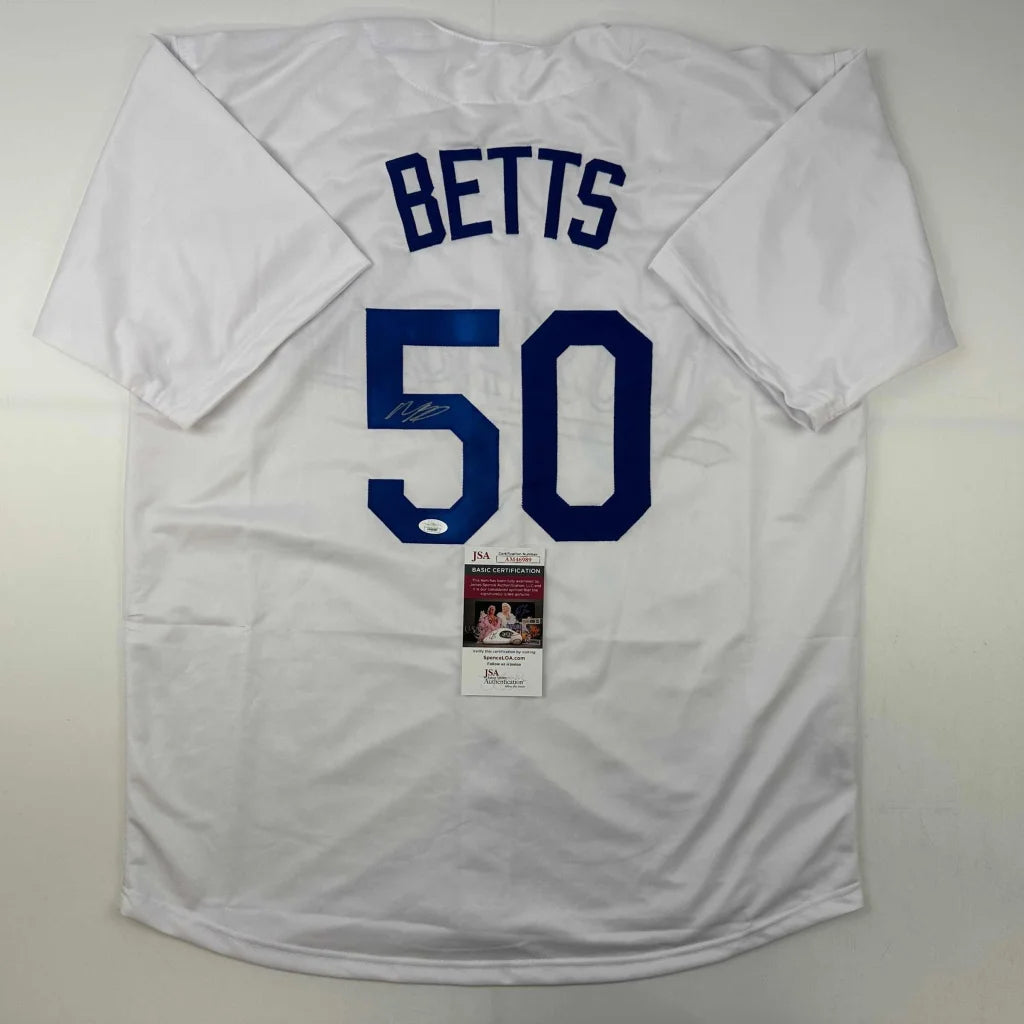 Autographed Mookie Betts white custom jersey with navy 50, JSA COA