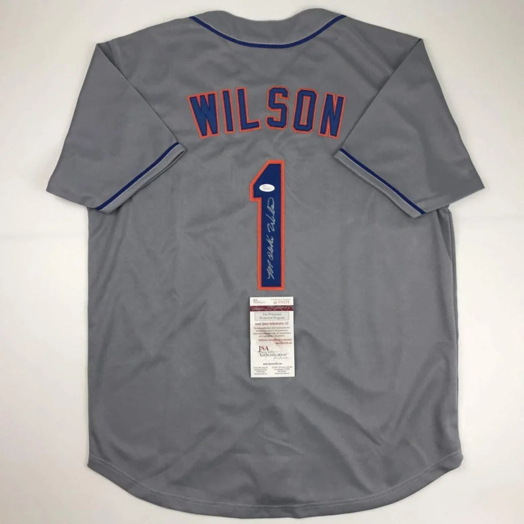 Autographed Mookie Wilson gray custom jersey back, Wilson 1 in blue orange, JSA COA