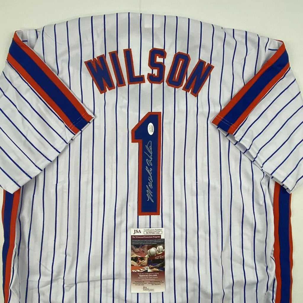Autographed Mookie Wilson New York Pinstripe Baseball Jersey JSA COA | Certified Authentic Signed Memorabilia | vintageantiquesgifts.com
