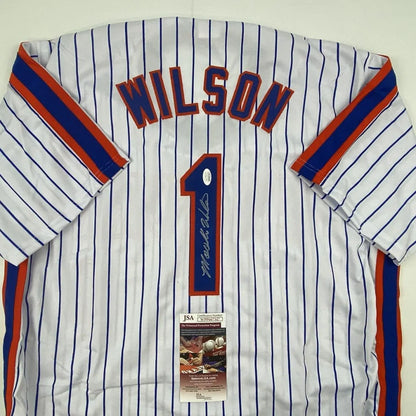 Autographed Mookie Wilson New York Pinstripe Baseball Jersey JSA COA | Certified Authentic Signed Memorabilia | vintageantiquesgifts.com