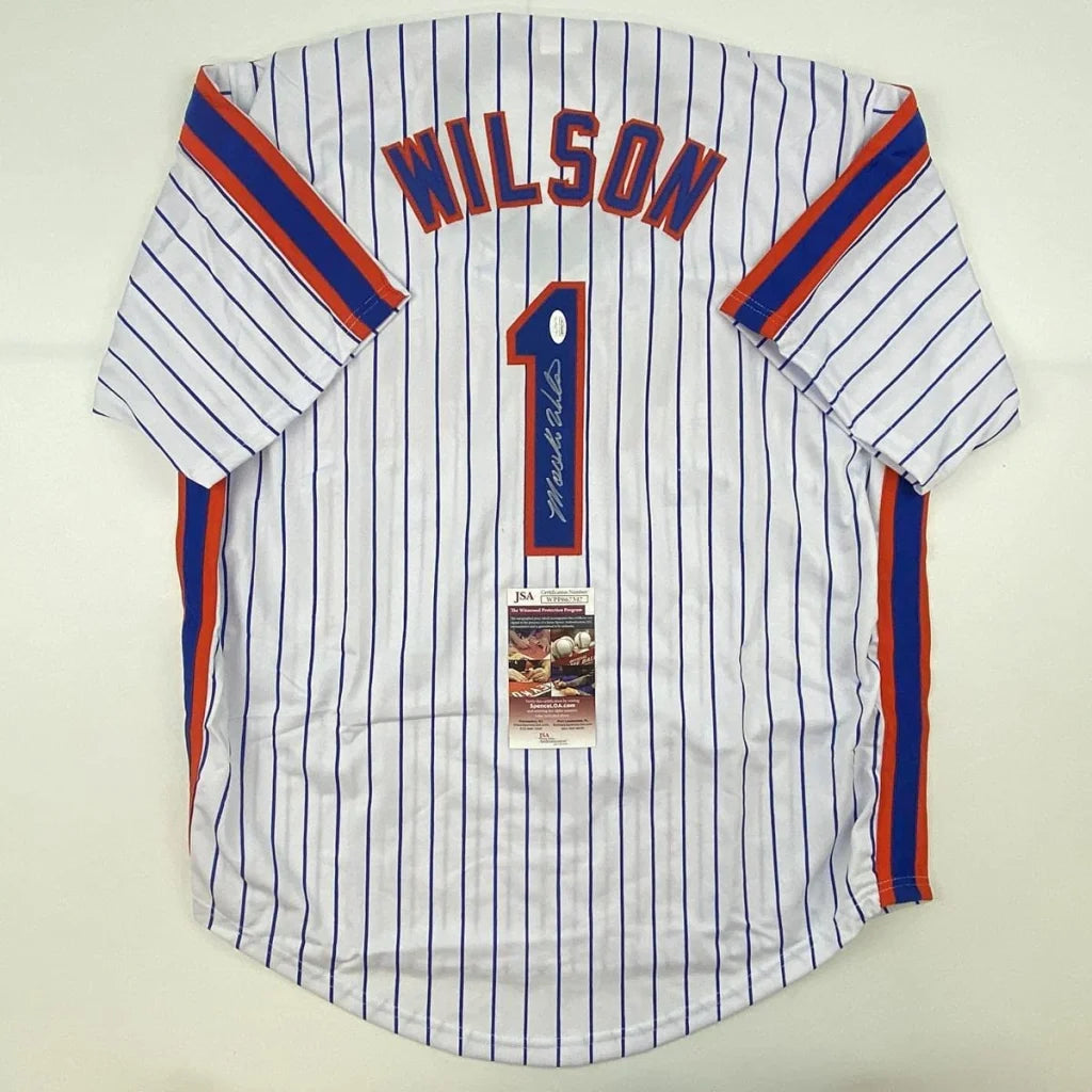 Autographed Mookie Wilson New York Pinstripe Baseball Jersey JSA COA | Hall of Fame Sports Memorabilia | vintageantiquesgifts.com
