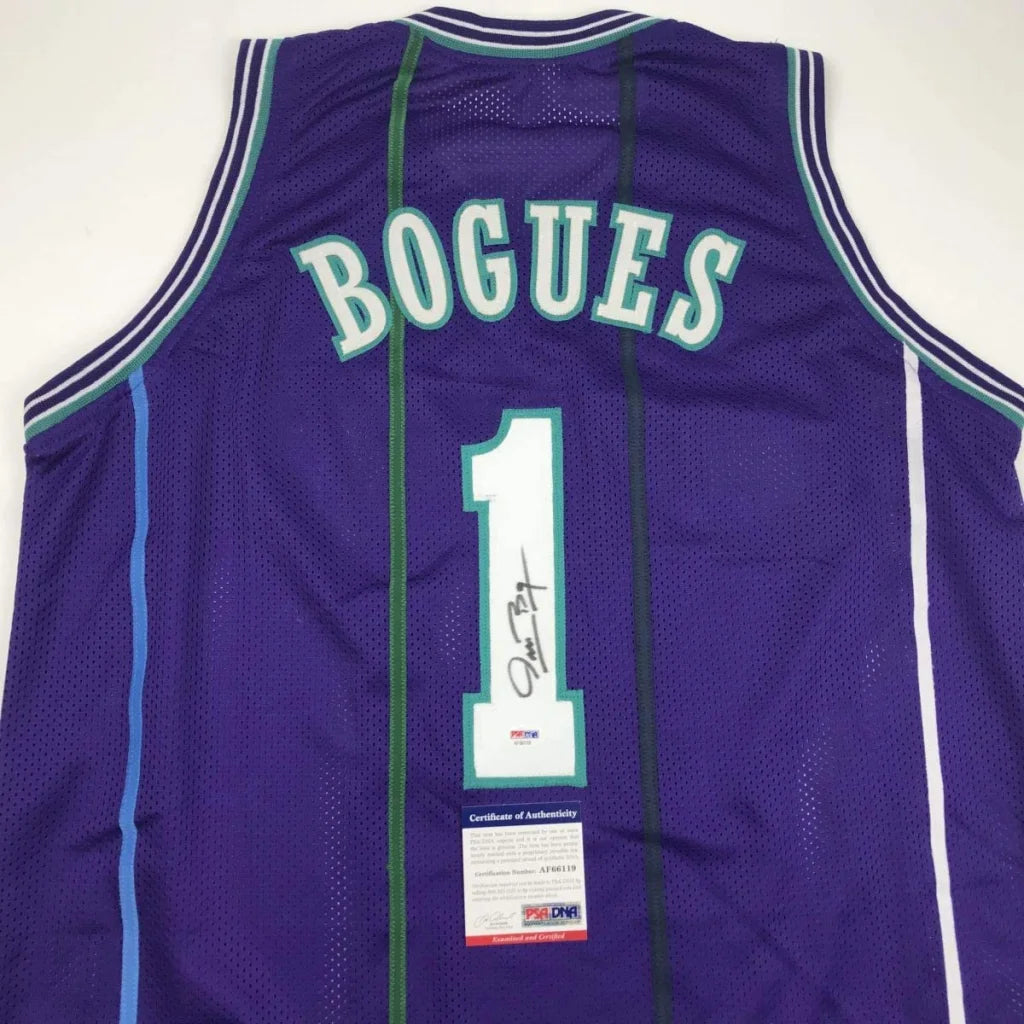 Autographed Muggsy Bogues purple custom jersey with number 1, PSA/DNA COA
