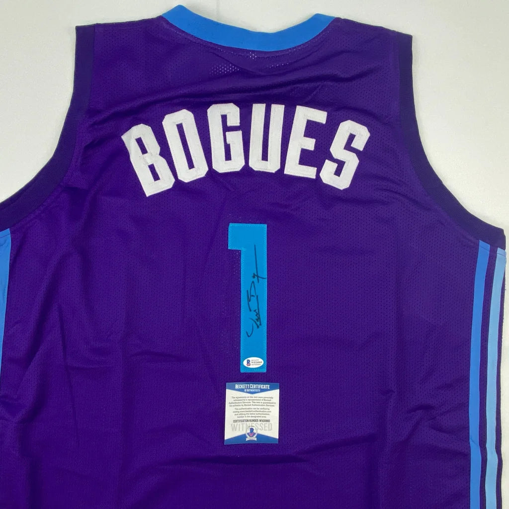Autographed Muggsy Bogues custom jersey in purple, Charlotte NBA pro sports league