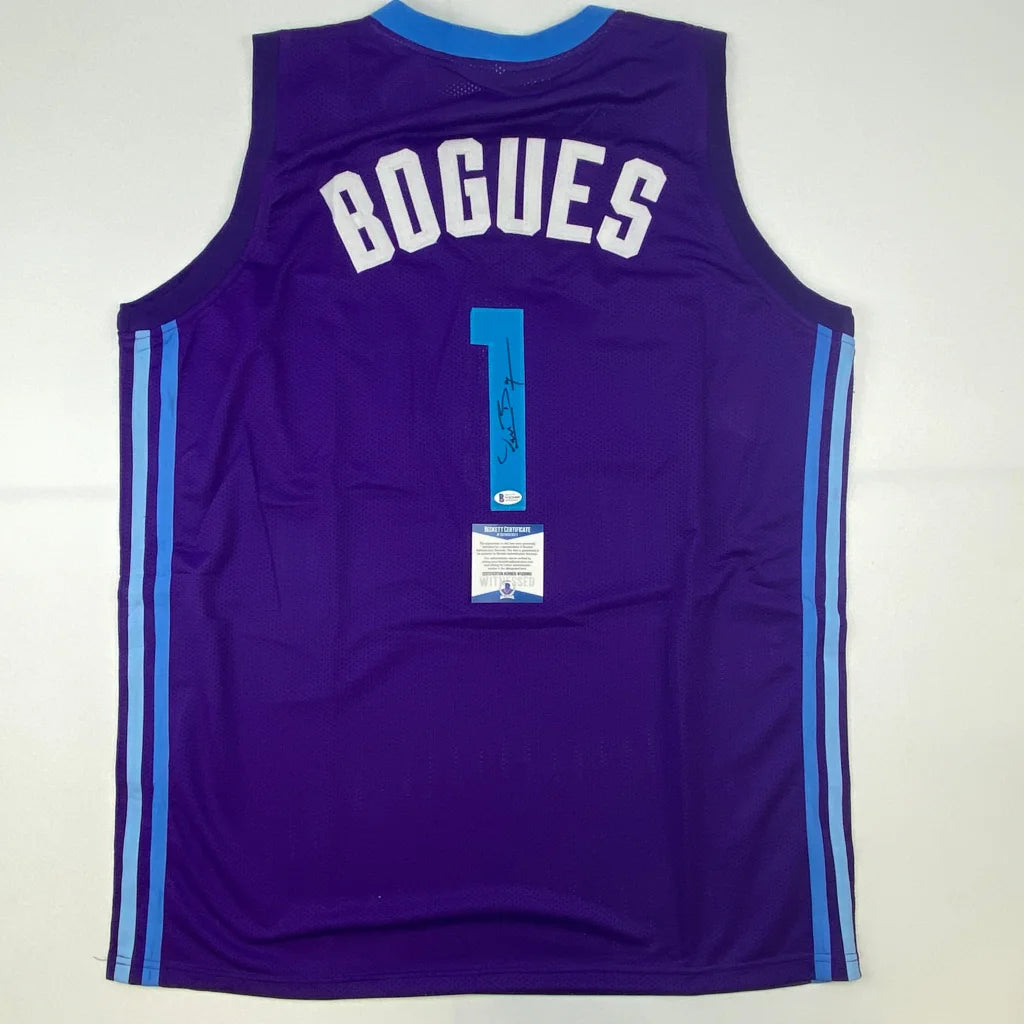 Autographed Muggsy Bogues custom jersey, purple with white lettering, number 1, Beckett COA