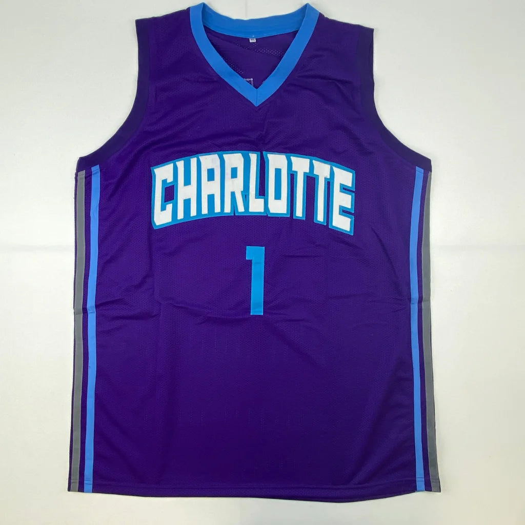Autographed Muggsy Bogues purple custom jersey with number 1, NBA