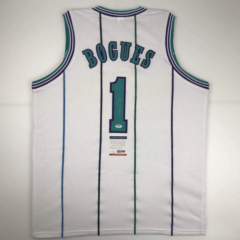 White mesh Muggsy Bogues custom jersey with teal purple trim and authentication sticker