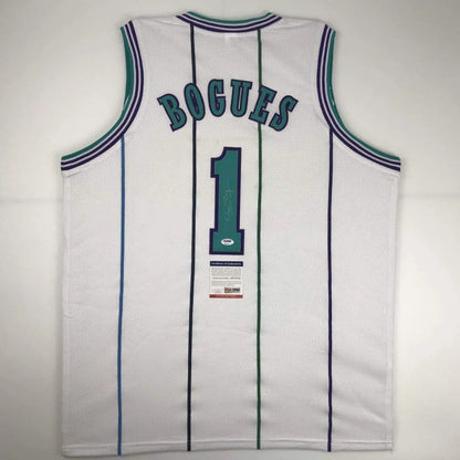 White mesh Muggsy Bogues custom jersey with teal purple trim and authentication sticker