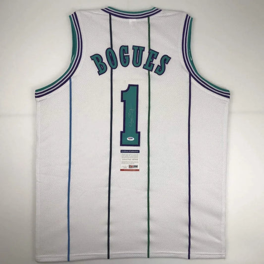 White mesh Muggsy Bogues custom jersey with teal purple trim and authentication sticker